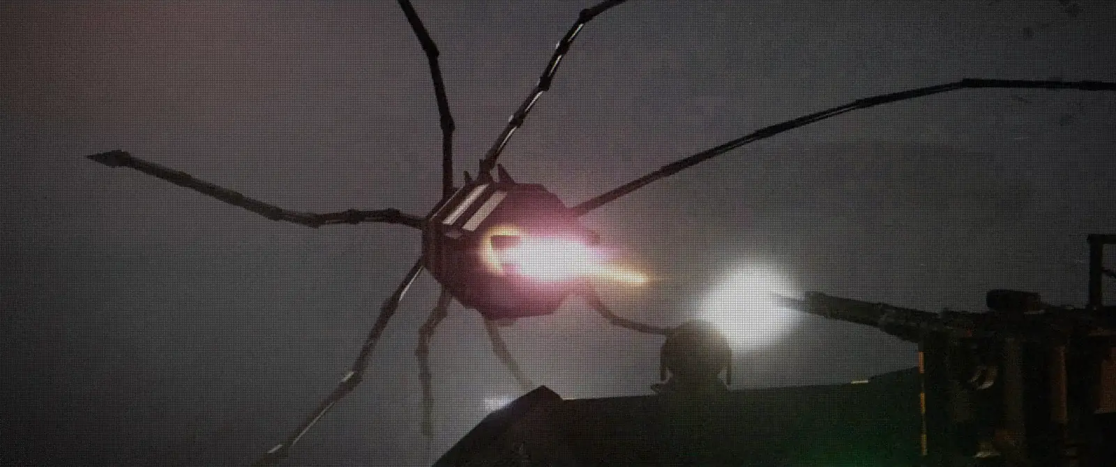 The roof's twin autocannon firing on a drifter whose tentacles spread across the frame.