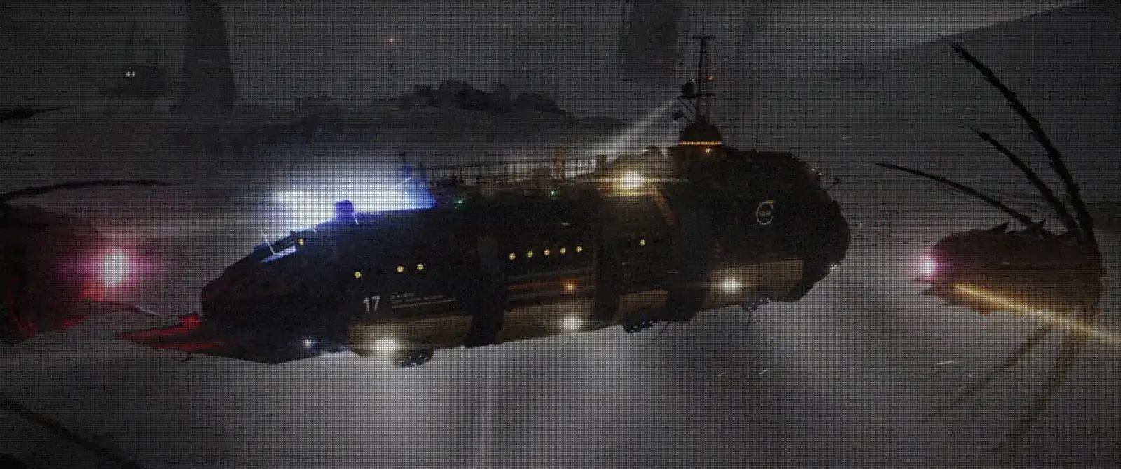 Hauler 17 broadside in the fog, her number 17 on the hull, drifters diving at her with red eyes and the shield flaring blue.