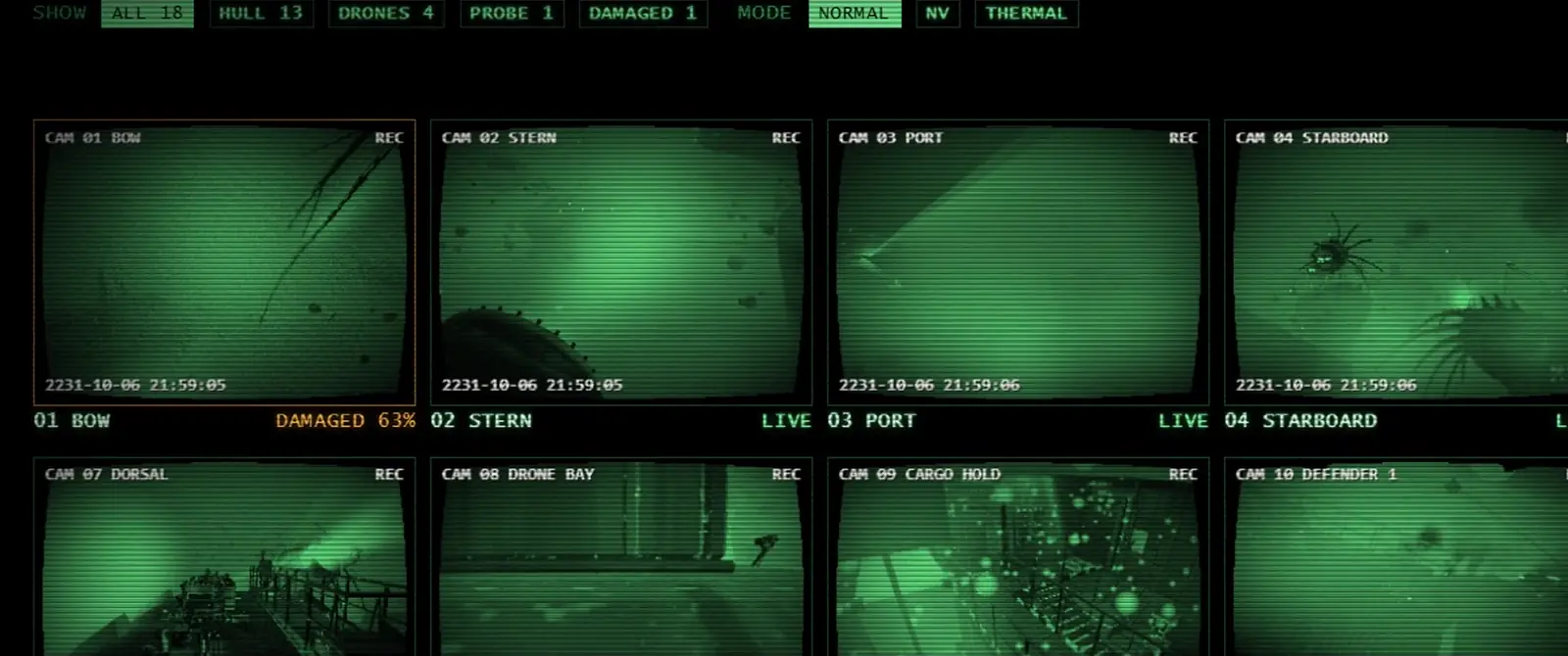 CONN's CAMS page: a grid of green night-vision camera feeds.