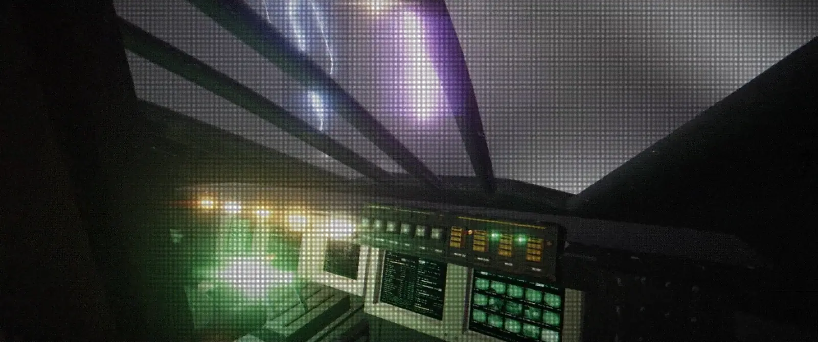 Hauler 17's flight deck in a storm: violet lightning at the windows, amber panel lamps and green CRT screens.