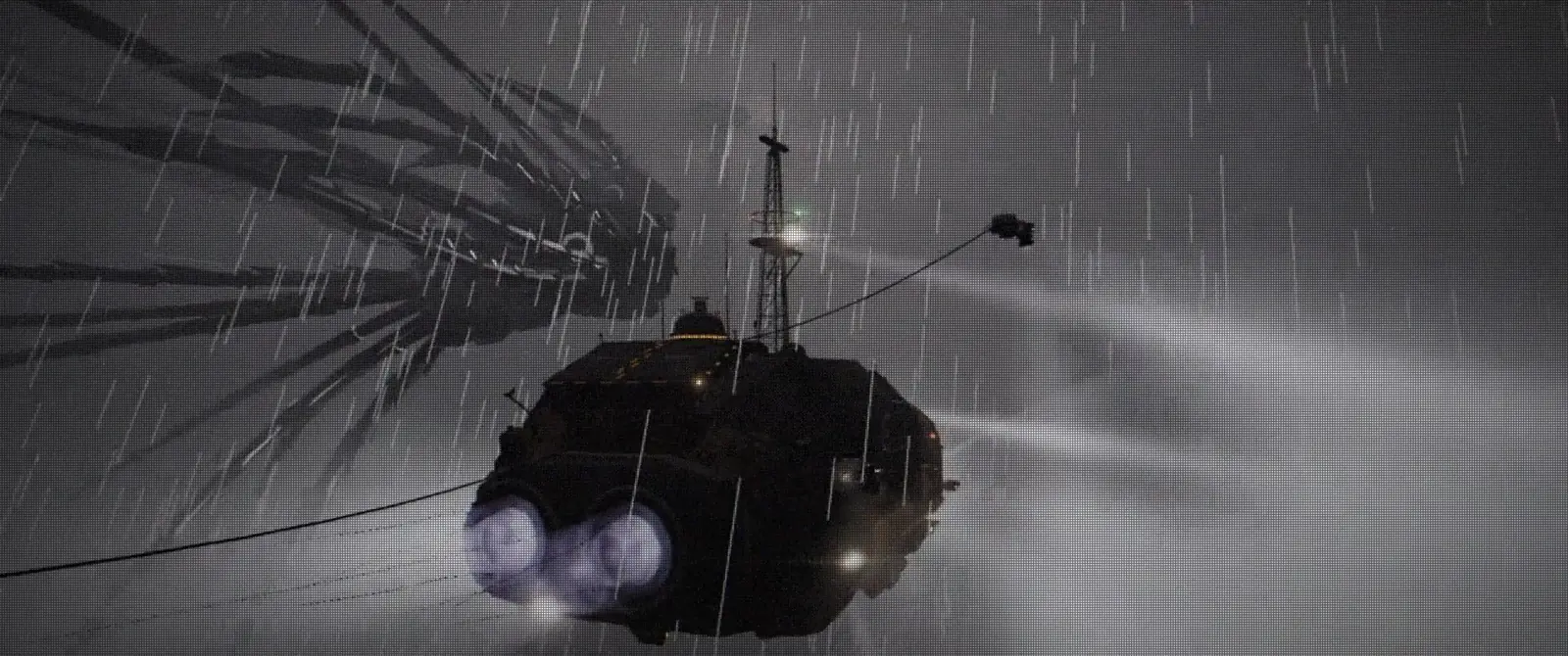 Hauler 17 at full burn through rain, her two engines glowing, with huge drifter shapes in the storm behind her and violet lightning ahead.