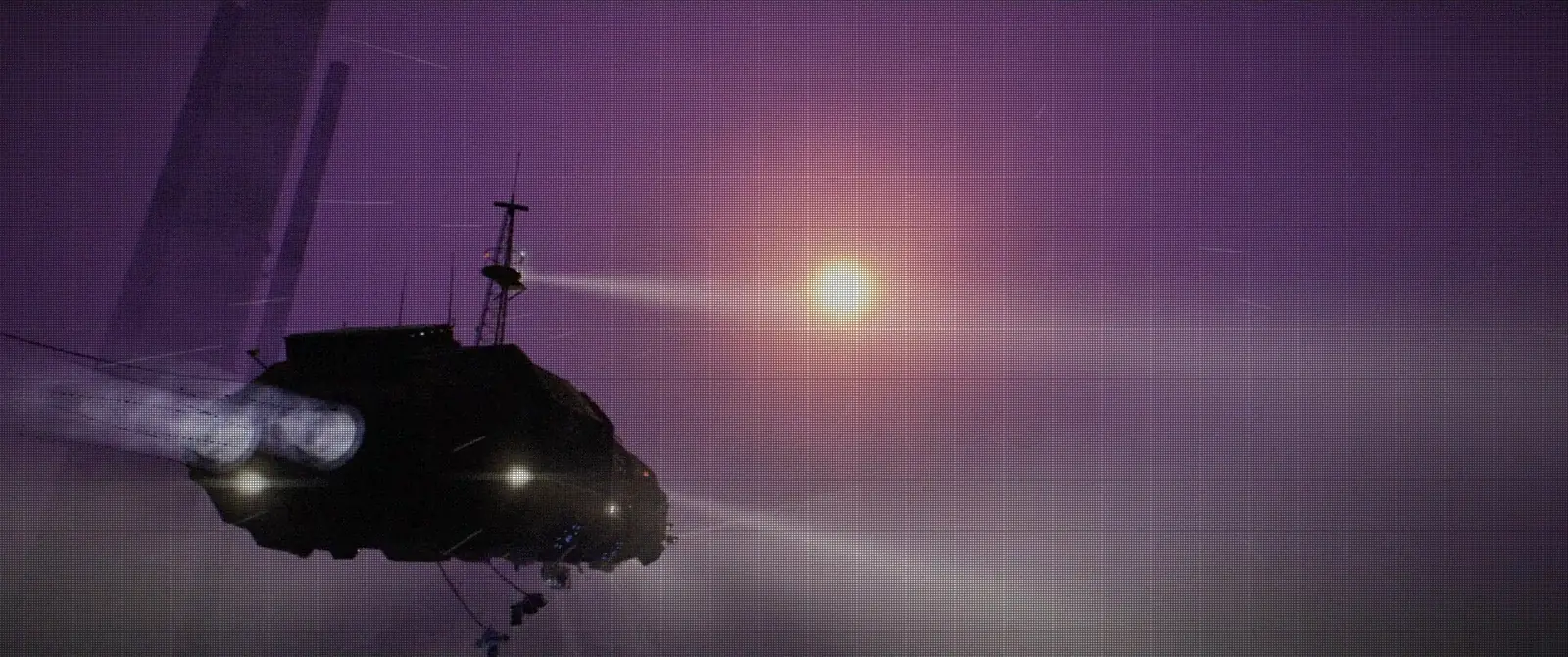 Hauler 17 climbing out of the fog into a violet sky, the red dwarf a hot disc behind her and a giant's shaft at the left edge.