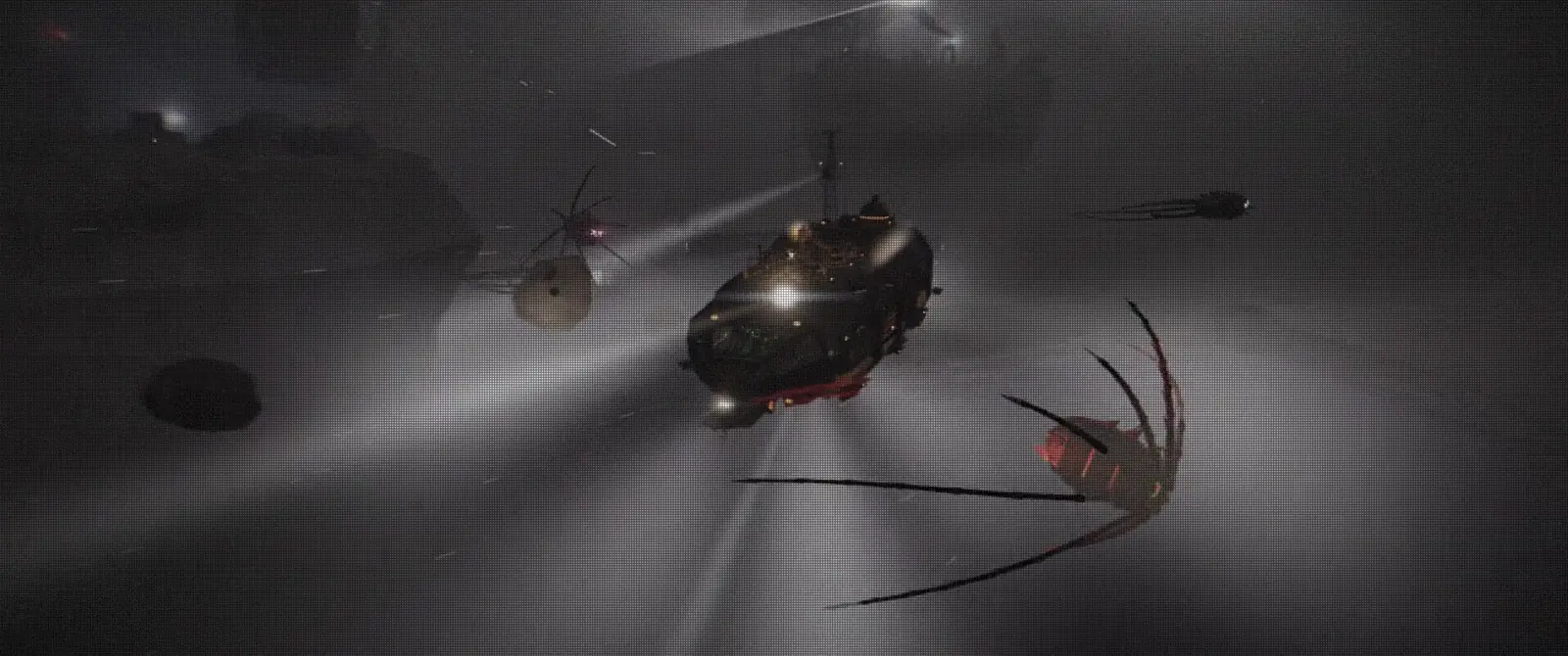 Hauler 17 in her own floodlights in grey fog, drifters with long metal tentacles circling at the edge of her lights.