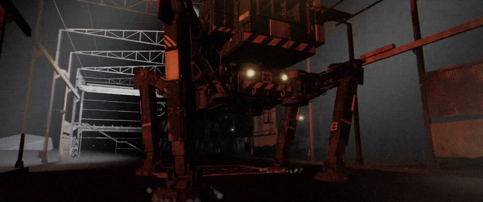 The Wader, a four-legged salvage walker, on the Floor by its hangar under floodlights.