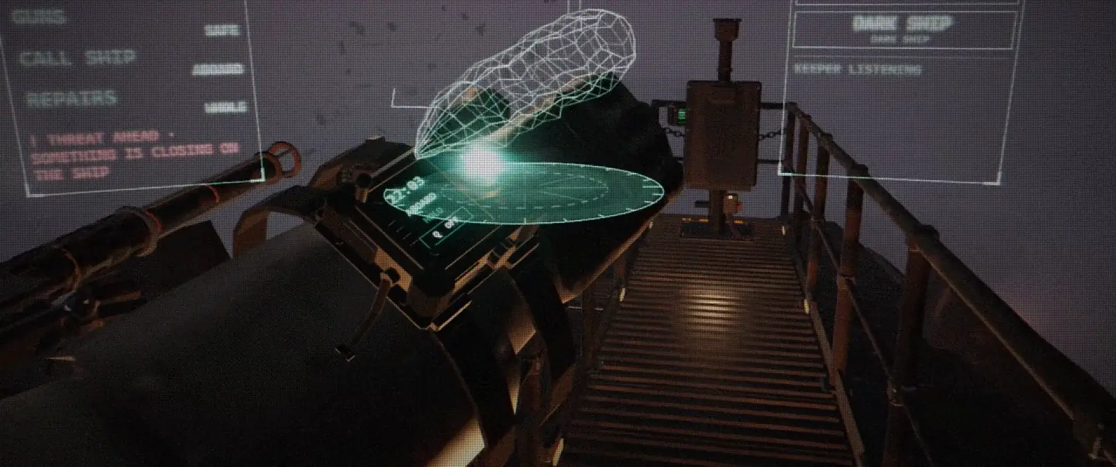 The wrist holo projecting a green wireframe of the ship above the roof walk, with menus floating beside it.